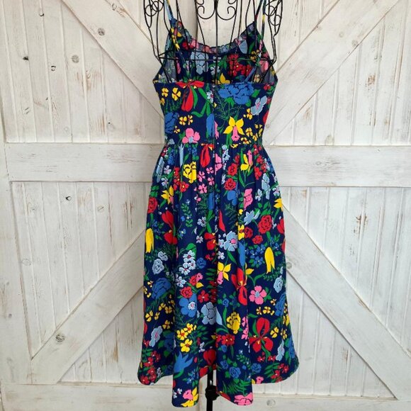 70's Vintage EJE Cotton Rainbow Blue Floral Hawaiian Sundress Day Midi Dress - Picture 8 of 10